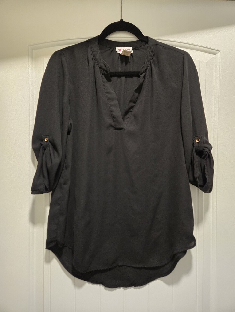 Trixxi Black V-Neck Roll-Tab Sleeve Blouse